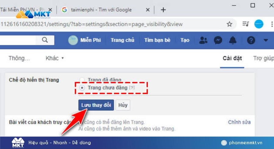Chọn Chưa đăng trang và sau đó chọn Lưu thay đổi