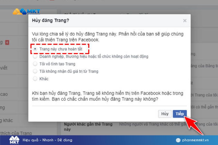 Chọn lý do Trang này chưa hoàn tất